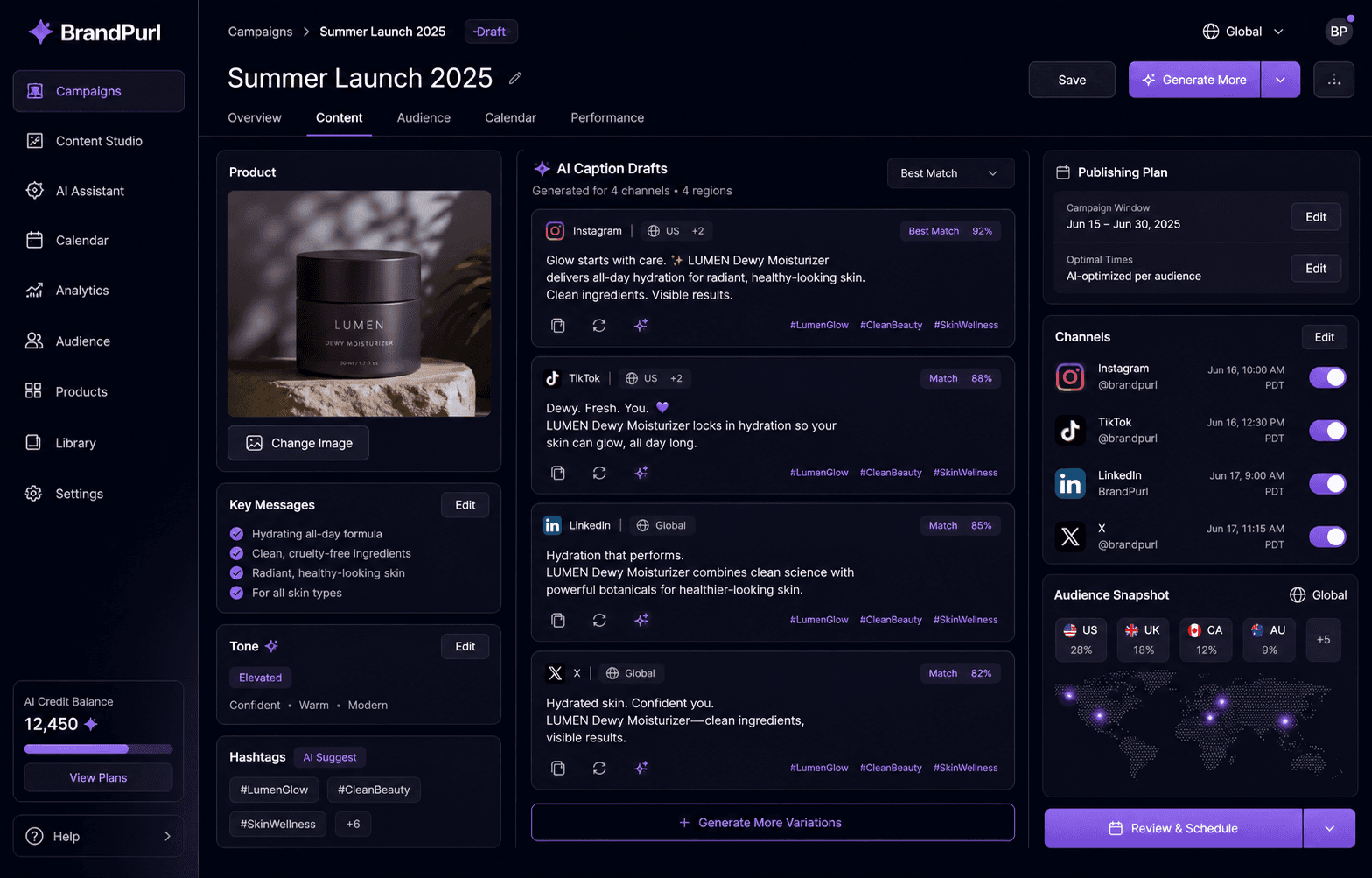 BrandPurl workspace showing AI content creation, product assets and multi-channel publishing